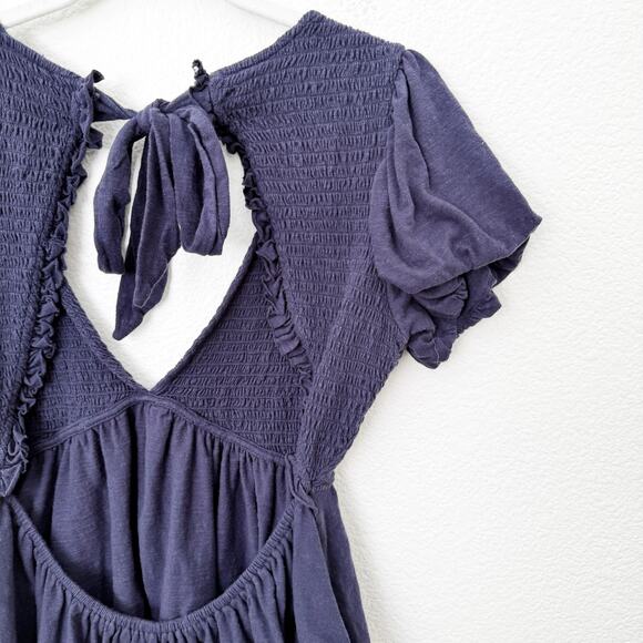 [Free People] Blue Charlotte V-Neck Smocked Open Back Top Puff Sleeves Sz Small - Picture 8 of 11